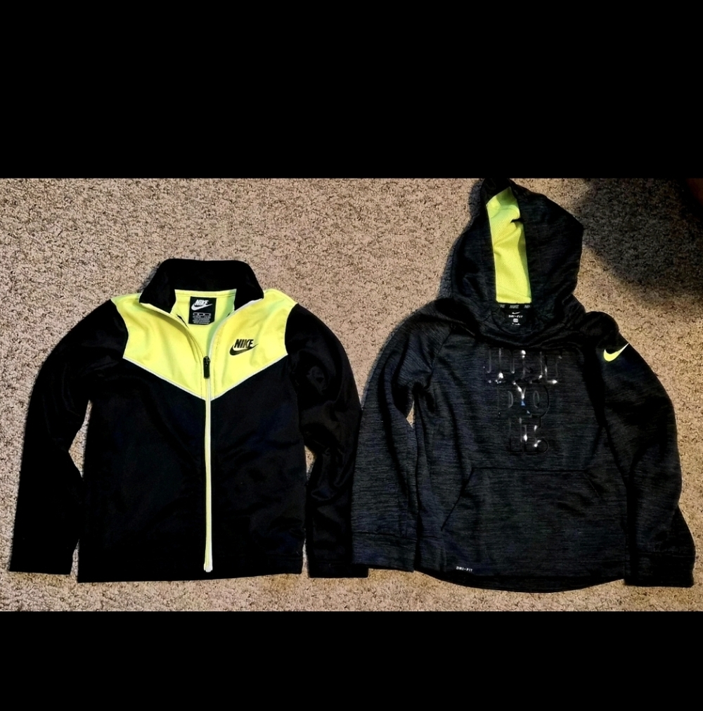 (2) NIKE DRI FIT KIDS BOYS SIZE 5 AND 6 HOODIE AND ZIP UP JUST DO IT BLACK NEON